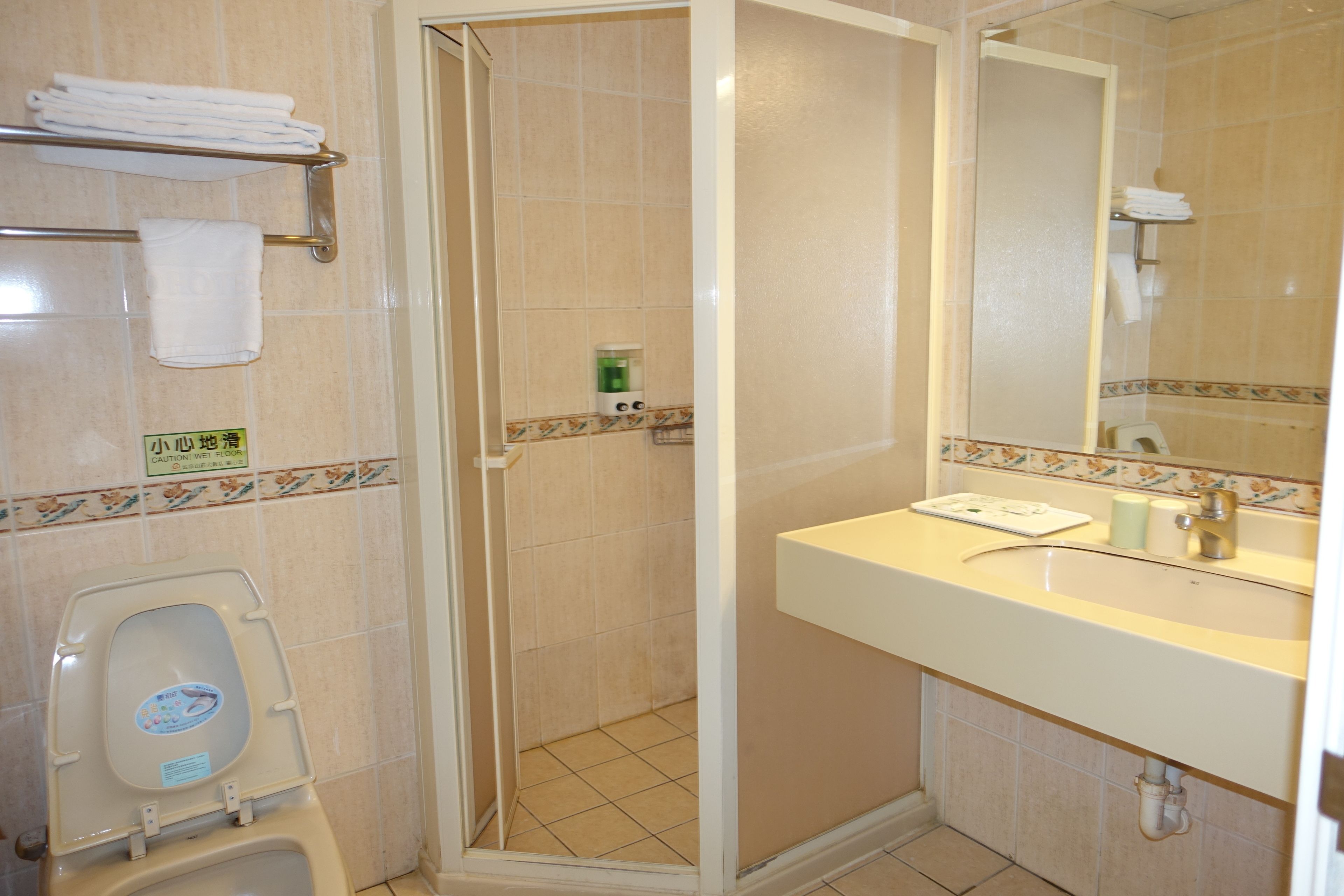 shower, rainfall showerhead, hair dryer, slippers