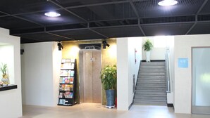 A reception area with a bookcase, a potted plant, and a staircase leading to an elevator. - The Lucete Hotel (Seogwipo)