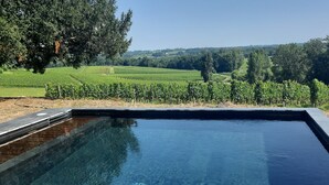 A clear swimming pool with a view of vineyards and trees in the background. - Logis DE Valandraud (Saint-Etienne-De-Lisse)