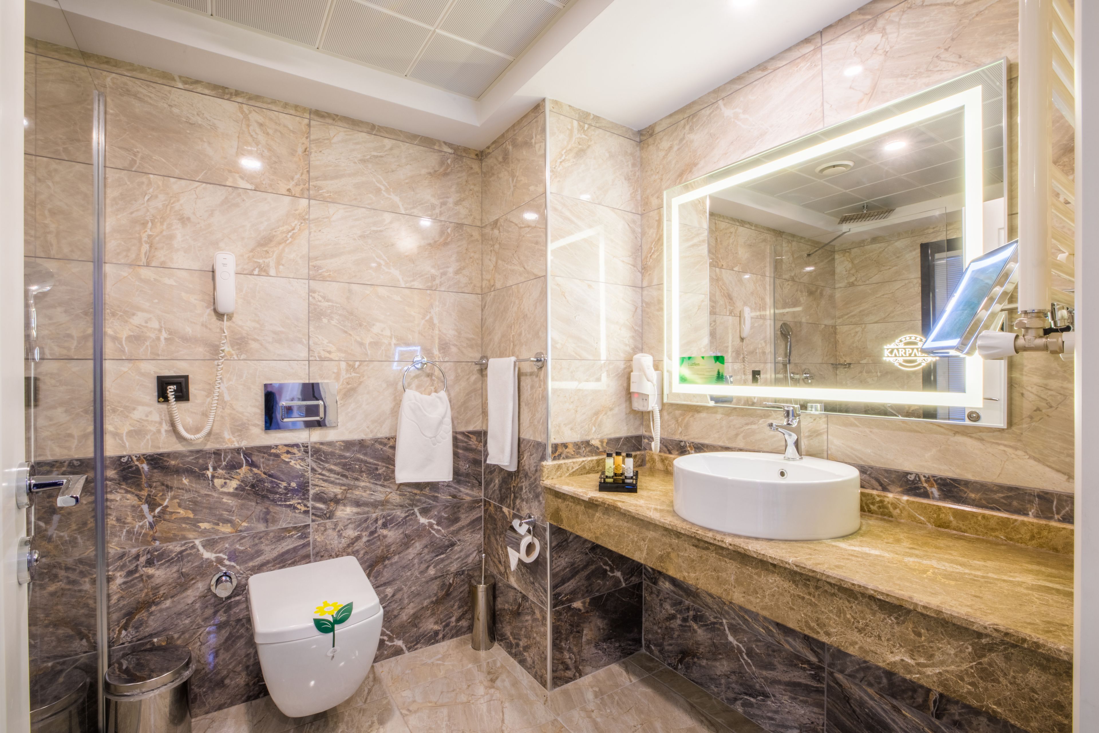 hair dryer, slippers, towels, soap