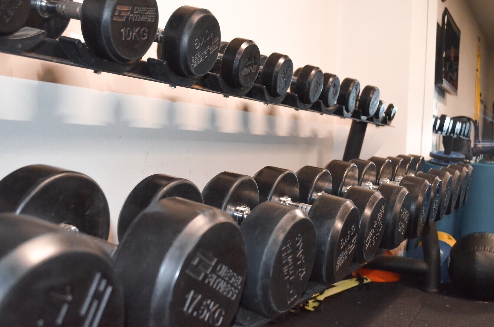 Estante con discos de pesas y mancuernas en un gimnasio.