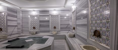 Couples treatment rooms, sauna, spa tub, steam room, Turkish bath