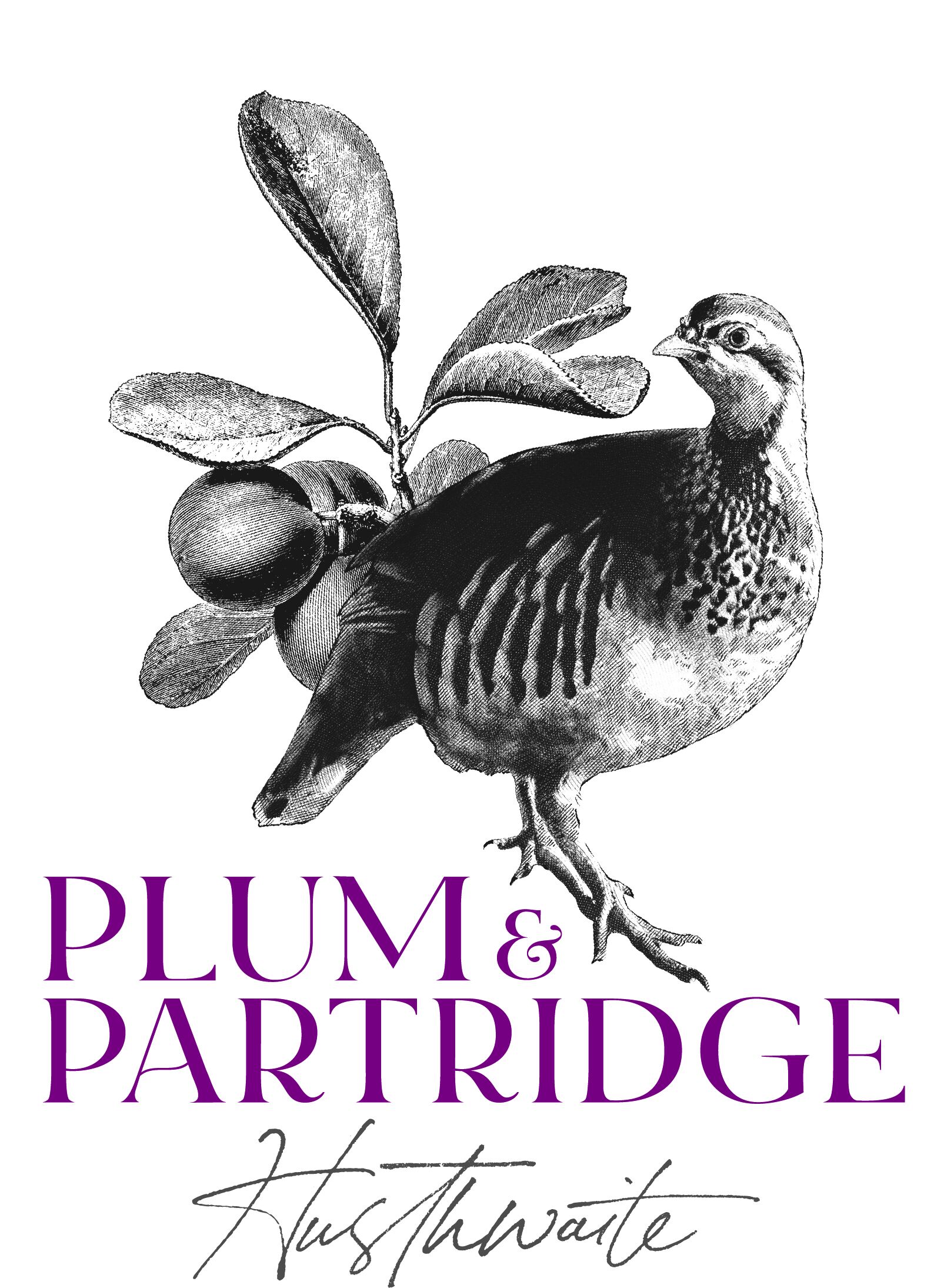 Ilustración estilizada de un pájaro con hojas, y el texto "PLUM & PARTRIDGE" y "Hustwaite".