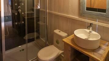 A bathroom with a glass-enclosed shower, a toilet, and a wooden vanity with a sink.