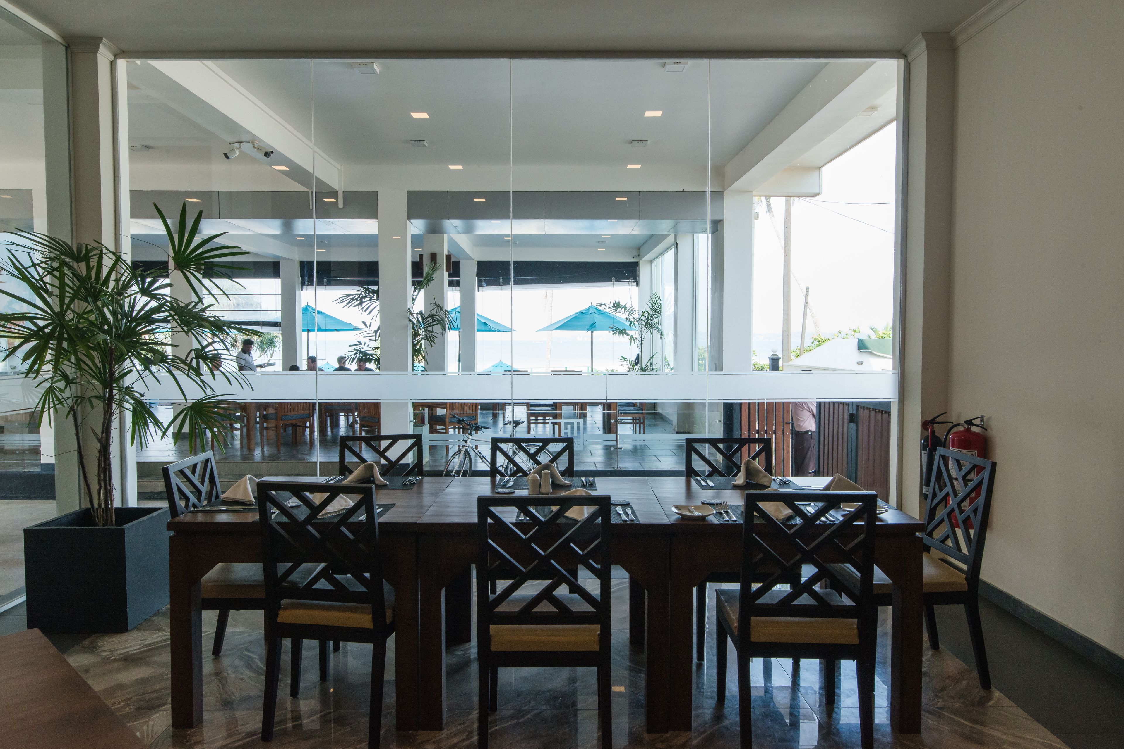A spacious dining area with a large table and chairs, large windows, and potted plants.