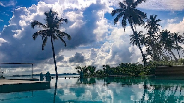 A swimming pool with palm trees and a view of the sea. - Twenty-Two Weligambay (Weligama)