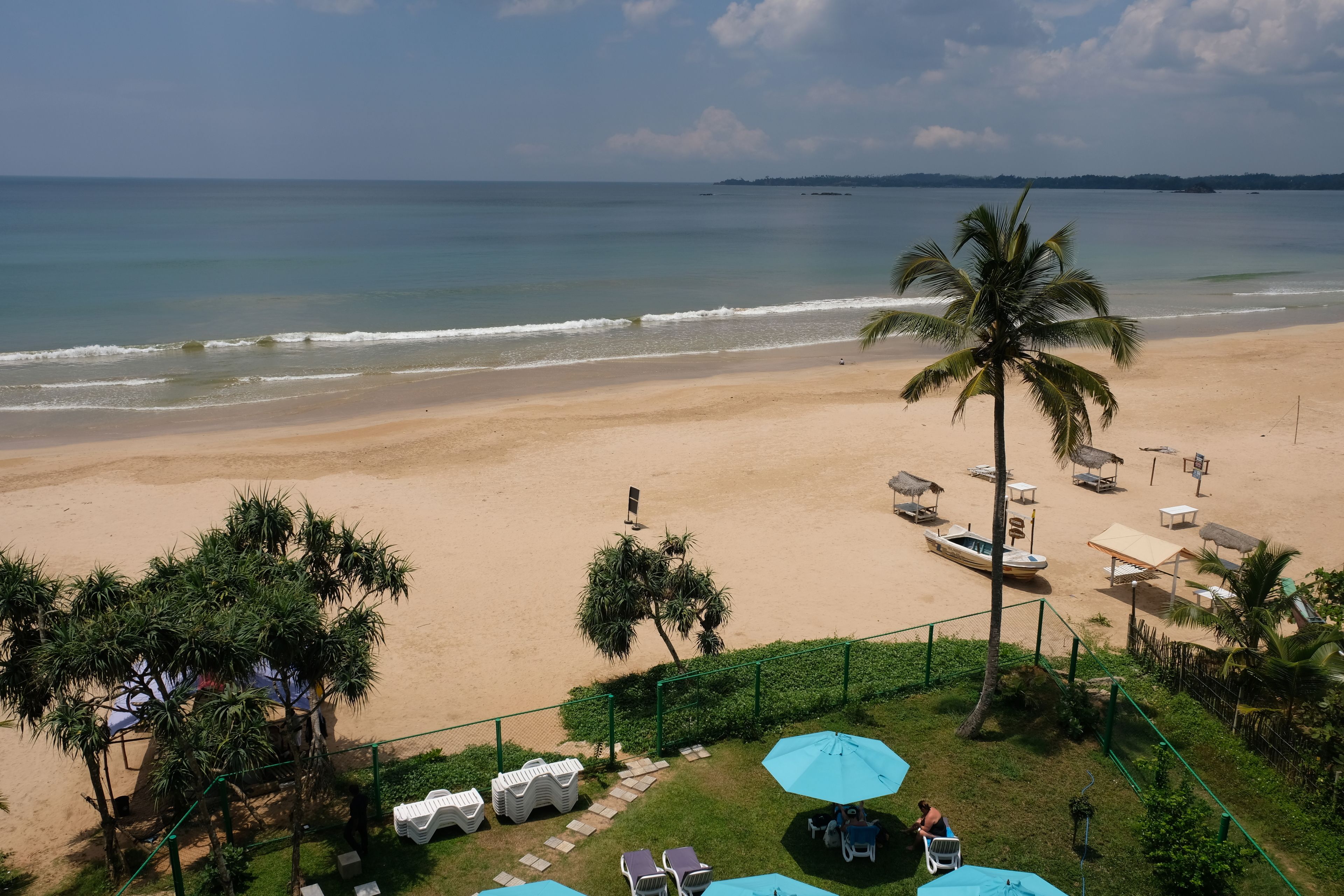 Vista de una playa con un área cercada, sillas de descanso, sombrillas y una palmera.