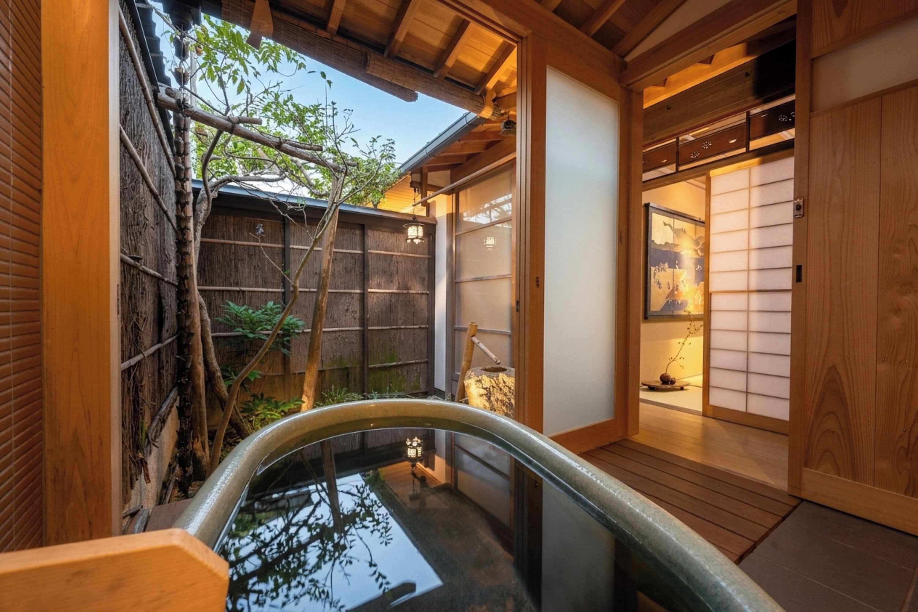 Una habitación tradicional japonesa con suelo de tatami, puerta corredera de madera y una pequeña fuente de agua.