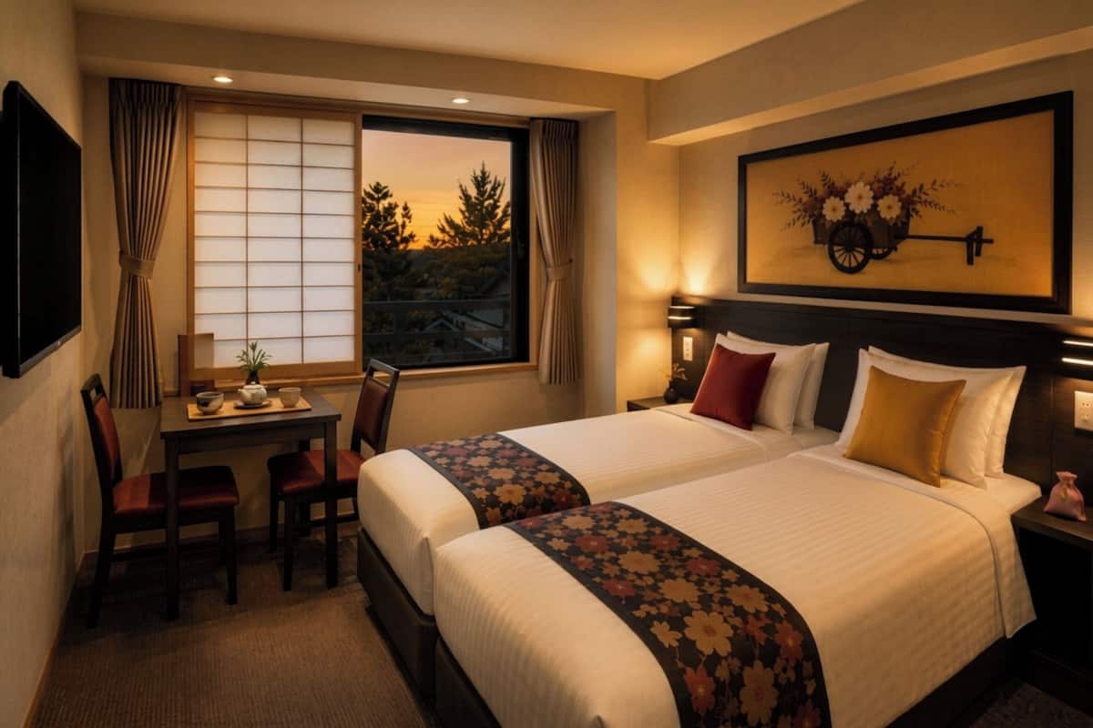 A hotel room with two beds, a dining table with chairs, a TV, and a window with curtains.