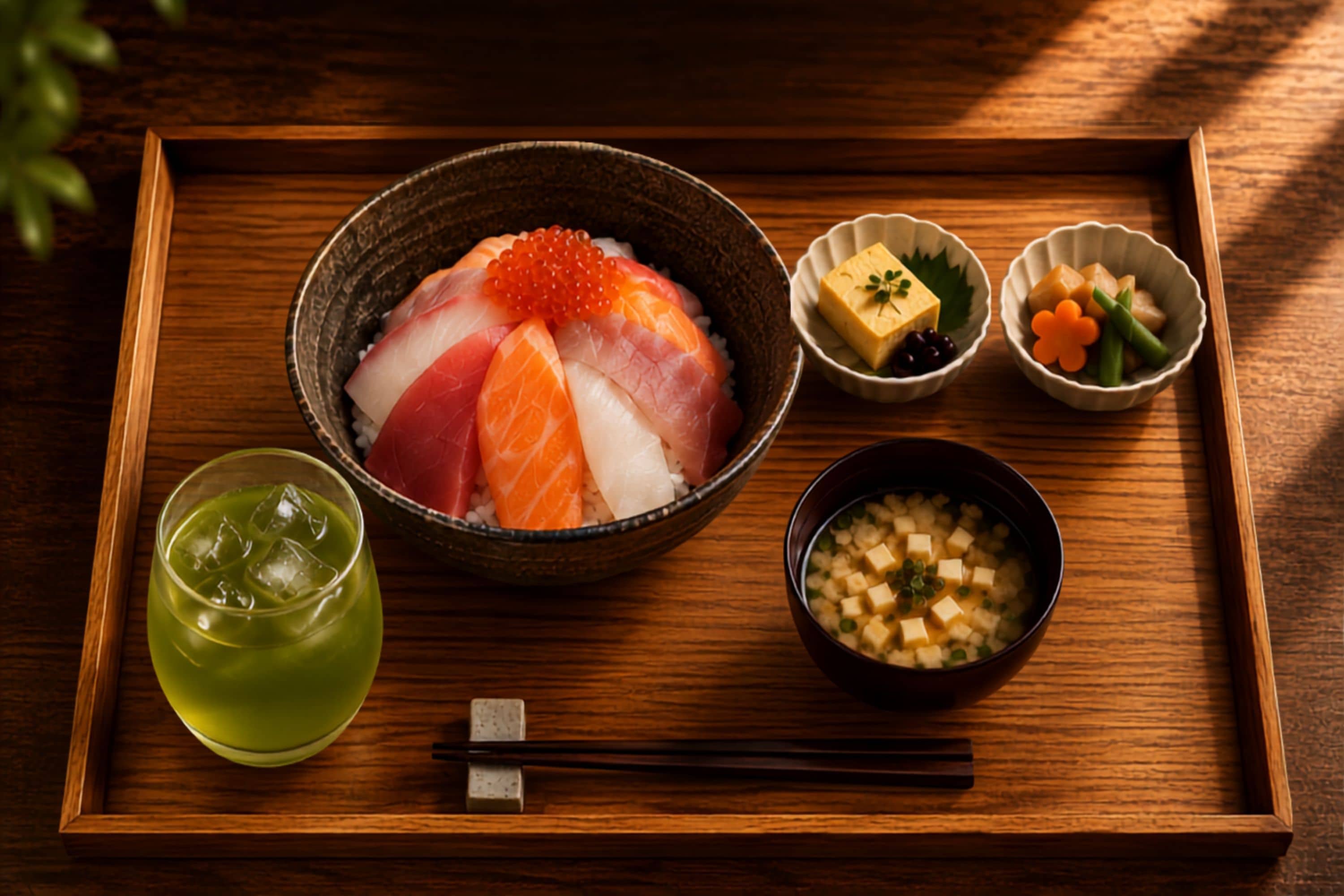 A tray with a bowl of sashimi, a small bowl of soup, a glass of green drink, and a bowl of pickled vegetables.