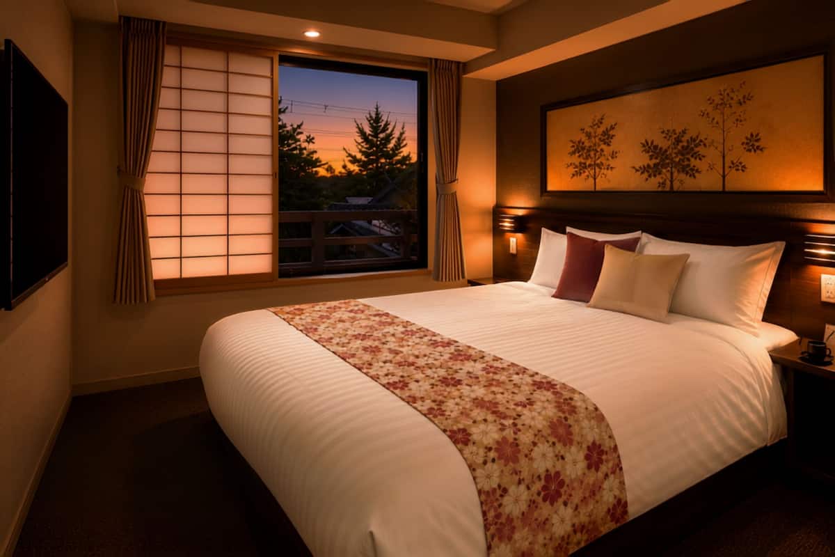 A hotel room with a large bed, a window with curtains, a painting on the wall, and a nightstand with a lamp.