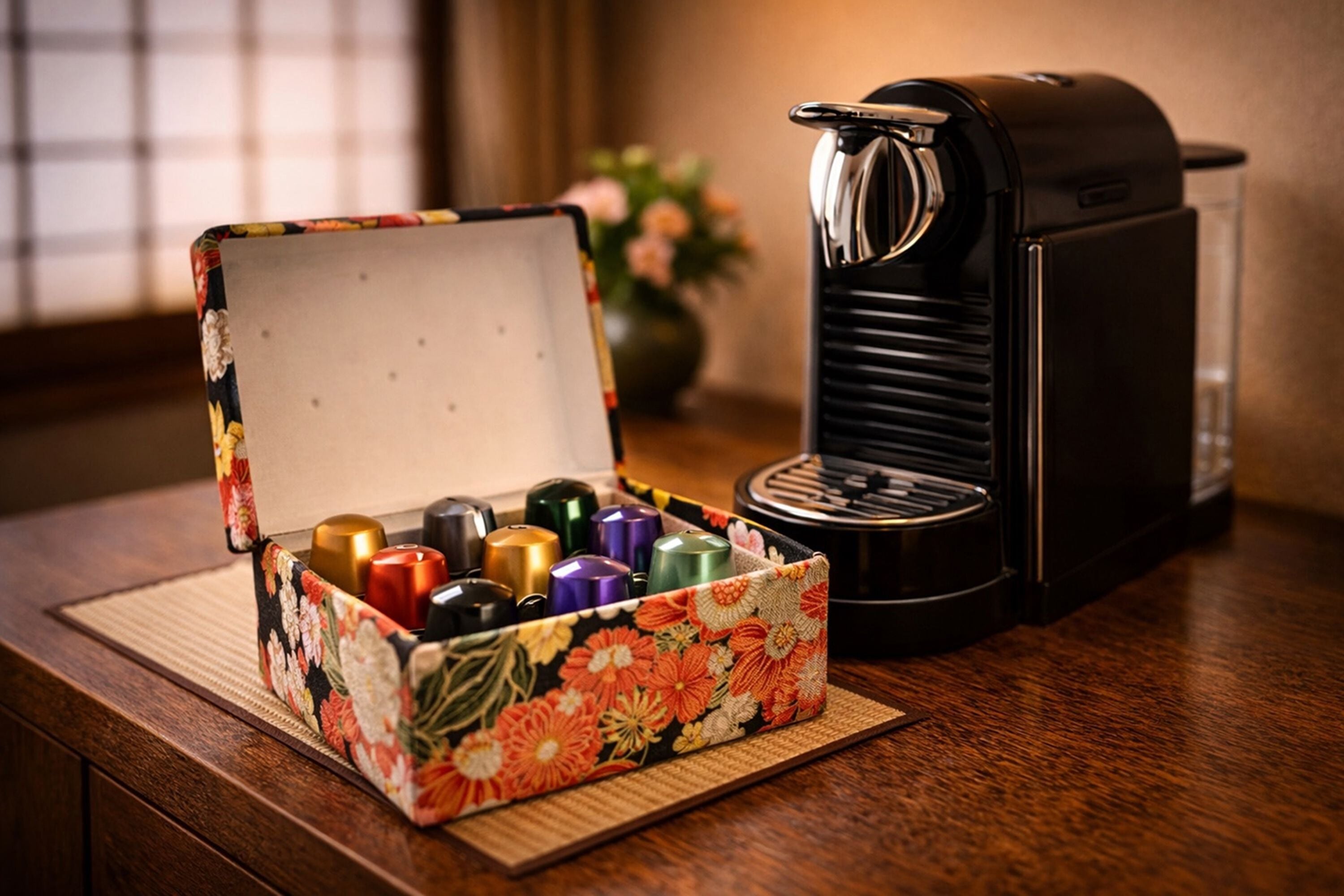 A box of colorful candles next to a black coffee maker on a wooden surface.
