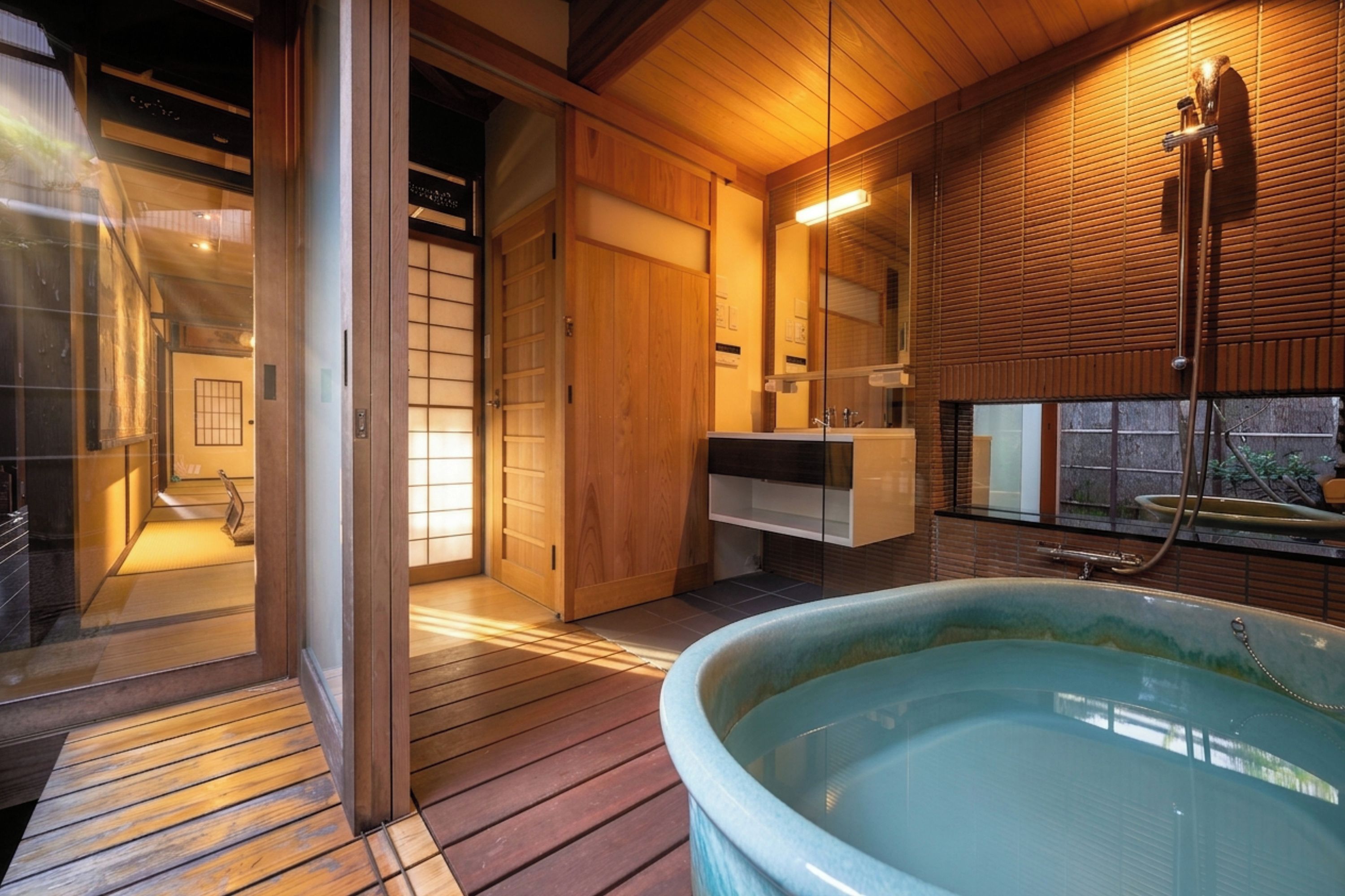 [Kyo-Machiya - Indigo Blue] Entire House Rental with Open-Air Bath | Bathroom | Combined shower/tub, free toiletries, hair dryer, slippers