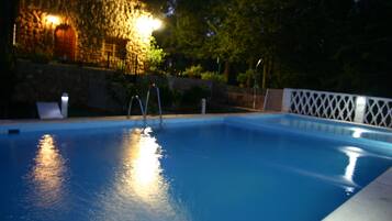 Una piscina con pared de piedra y muelle de madera.