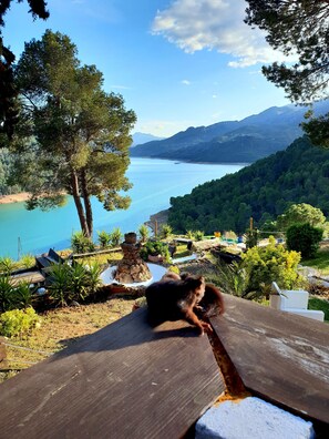 A scenic view of a lake with mountains in the background, surrounded by lush greenery and a wooden deck with outdoor furniture.