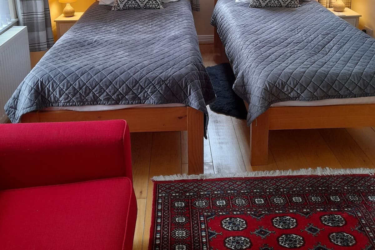 A double room with two beds, a red chair, a patterned rug, and a window with blinds.