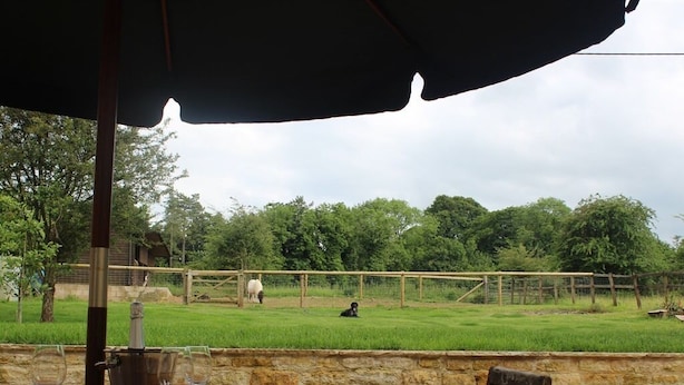 An outdoor patio with a stone wall, a wooden table, and an umbrella. - Sunny Nest (Cheltenham)