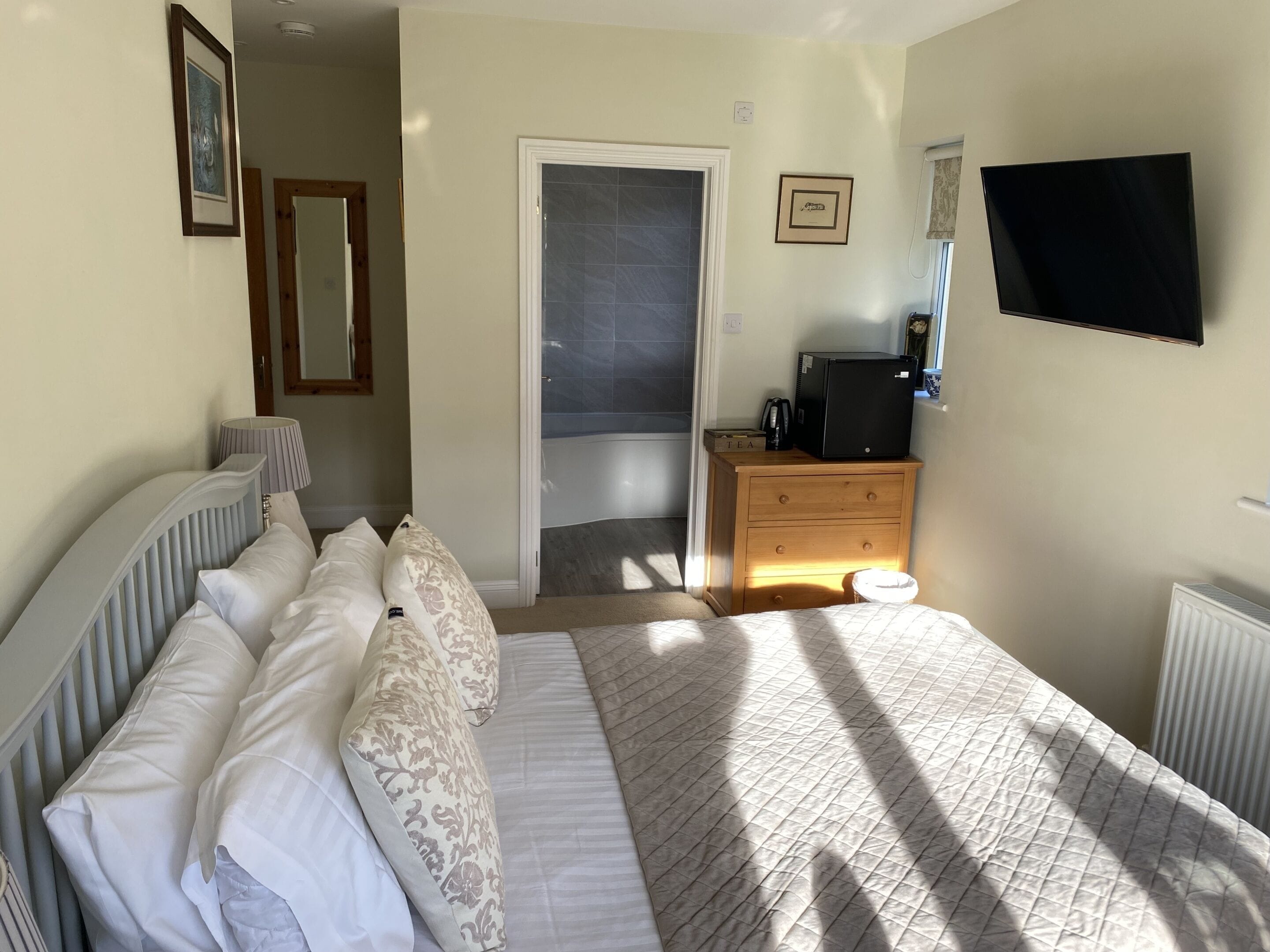 A bedroom with a bed, a dresser, a television, and a shower area.