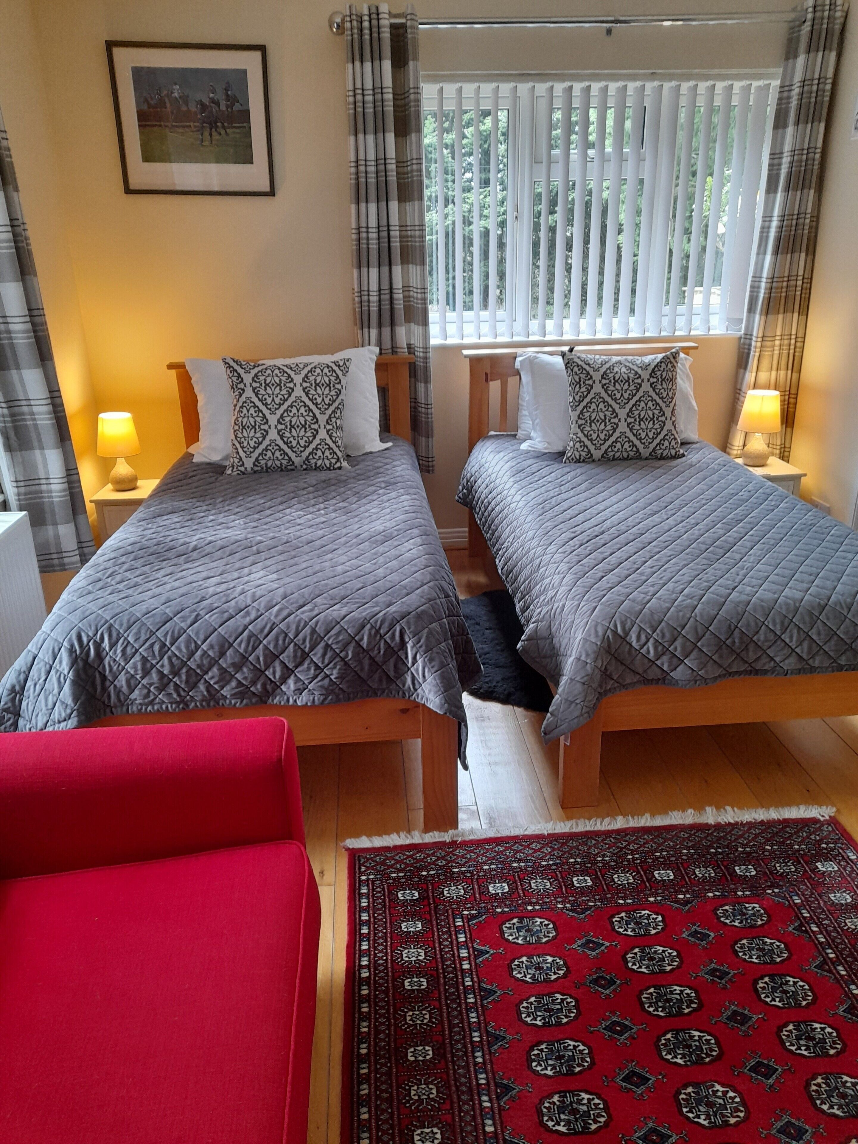 A double room with two beds, a red chair, a patterned rug, and a window with blinds.