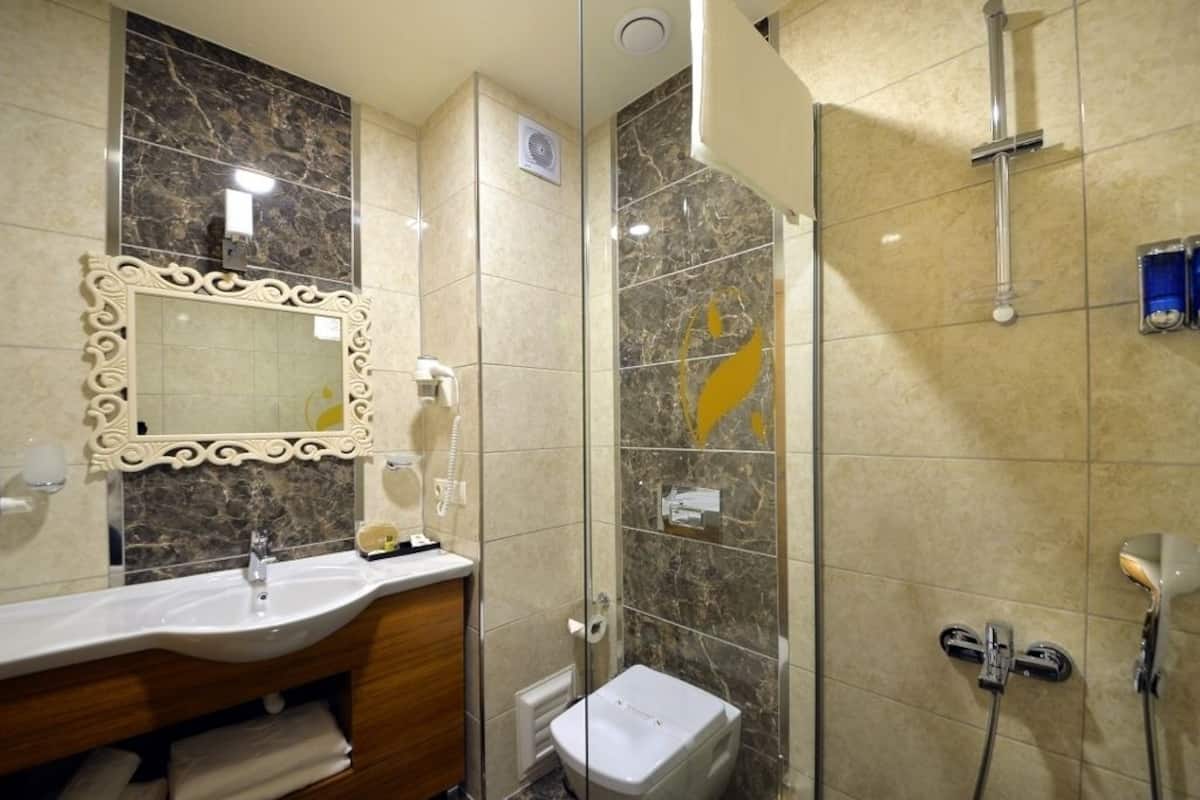 shower, free toiletries, hair dryer, slippers