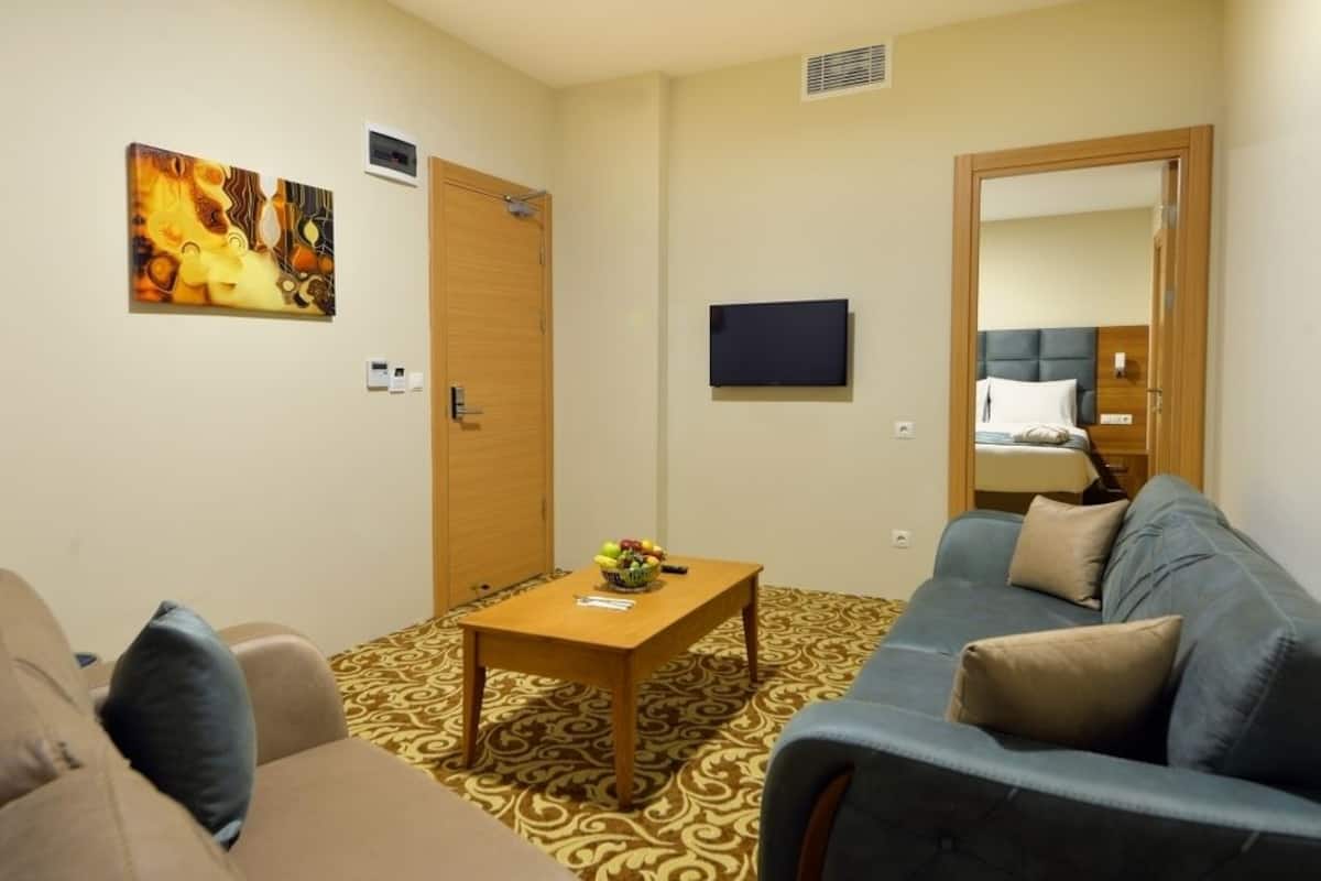 deluxe double room, 1 bedroom | living area | flat-screen tv