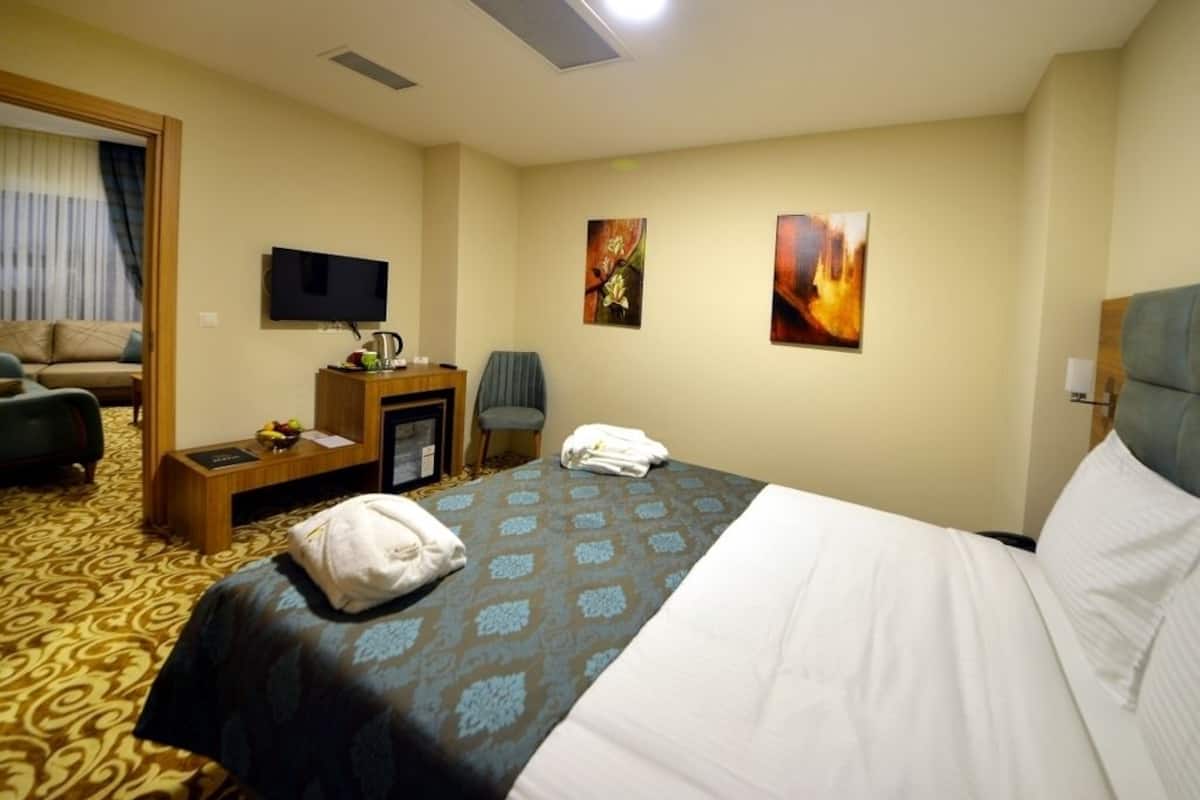 Habitación de hotel con cama, escritorio, silla, televisor y obras de arte en las paredes.