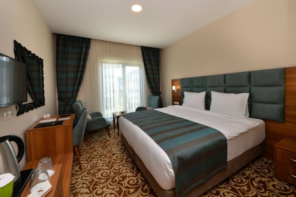 Habitación de hotel con una cama grande, un escritorio con silla, televisión y ventana con cortinas.
