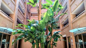 A multi-story building with a central atrium featuring a large planter with tropical plants. - Acv - costa marina I-1 línea planta 5 sur (Oropesa del Mar)