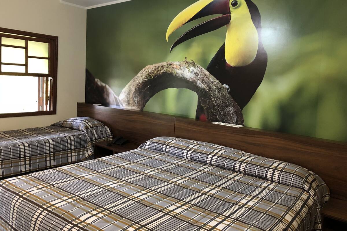 Habitación de hotel con dos camas, un mural grande de tucán y una ventana con persianas.