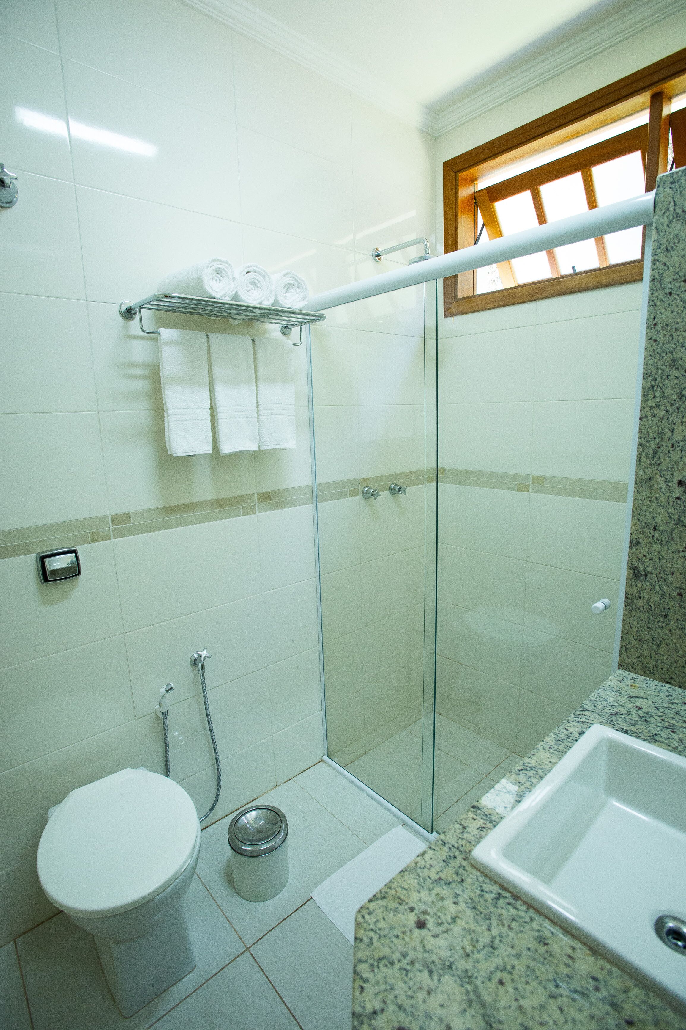 A bathroom with a glass-enclosed shower, a toilet, a sink, and a window with wooden frames.