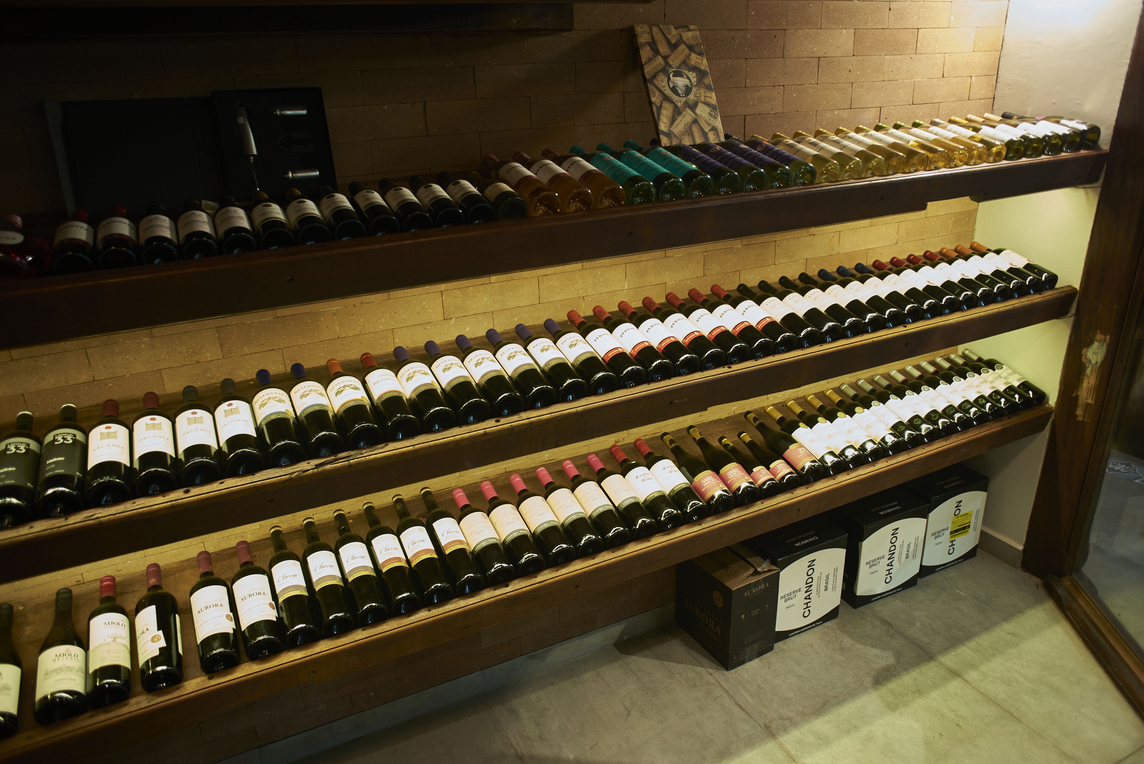 Uma adega com várias prateleiras de garrafas de vinho.