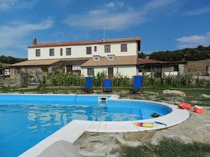 Seasonal outdoor pool, pool umbrellas, pool loungers