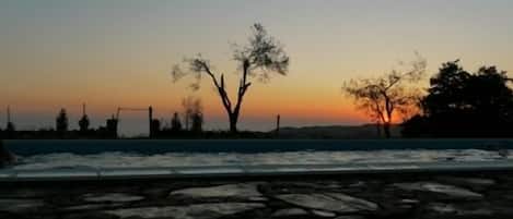 Alberca al aire libre por temporada y sombrillas en la alberca