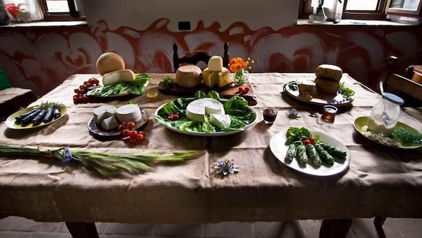 A table set with various cheeses, leafy greens, and other food items.