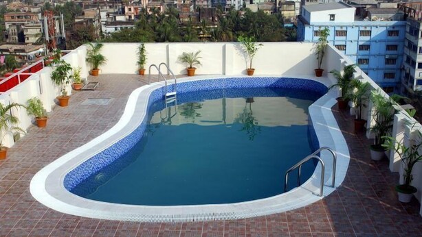 A rooftop swimming pool with a blue tiled edge, surrounded by potted plants and a cityscape view.