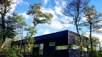 Uma casa moderna rodeada por árvores.