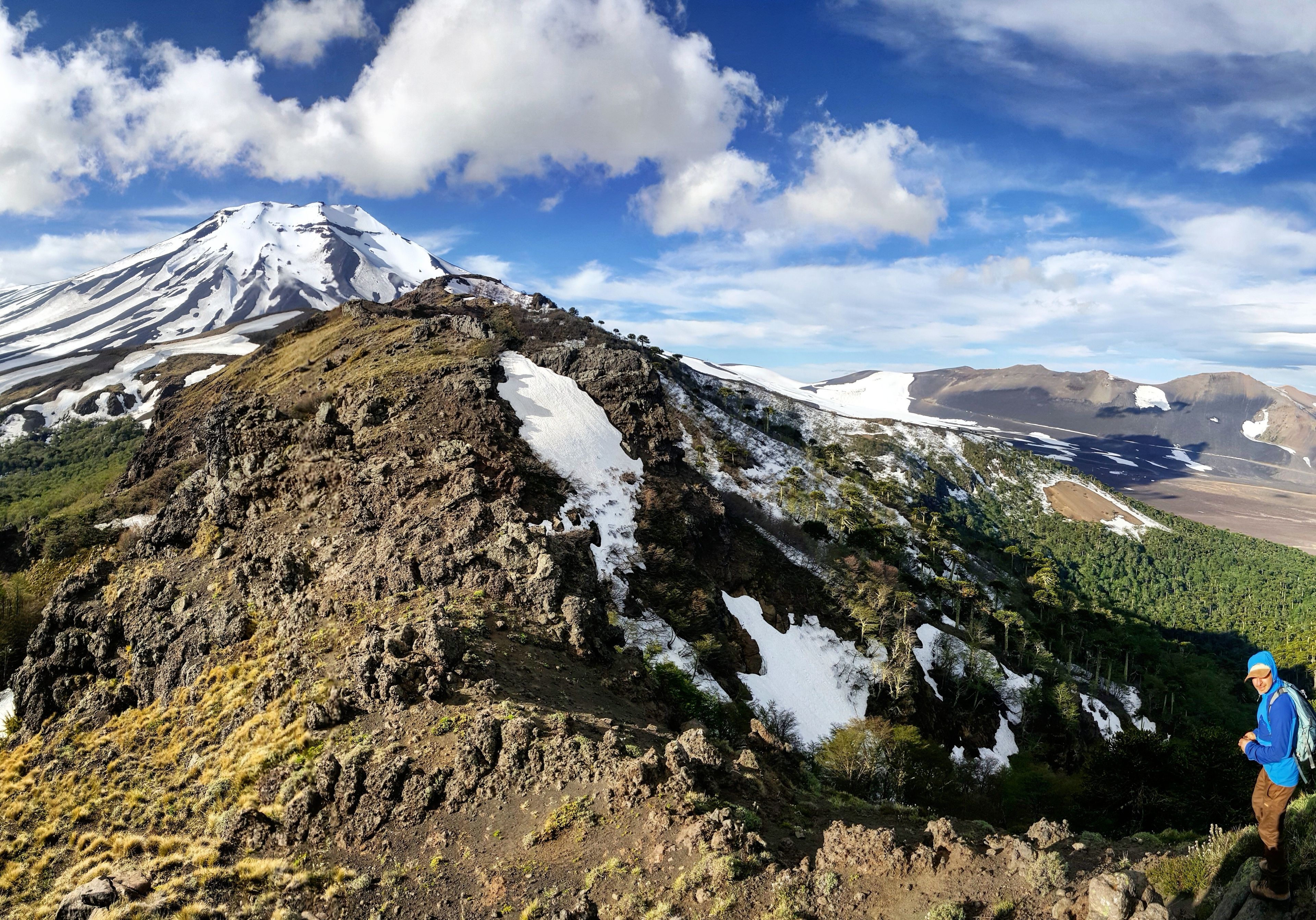 Un paisaje montañoso con un pico nevado, terreno rocoso y vegetación escasa.