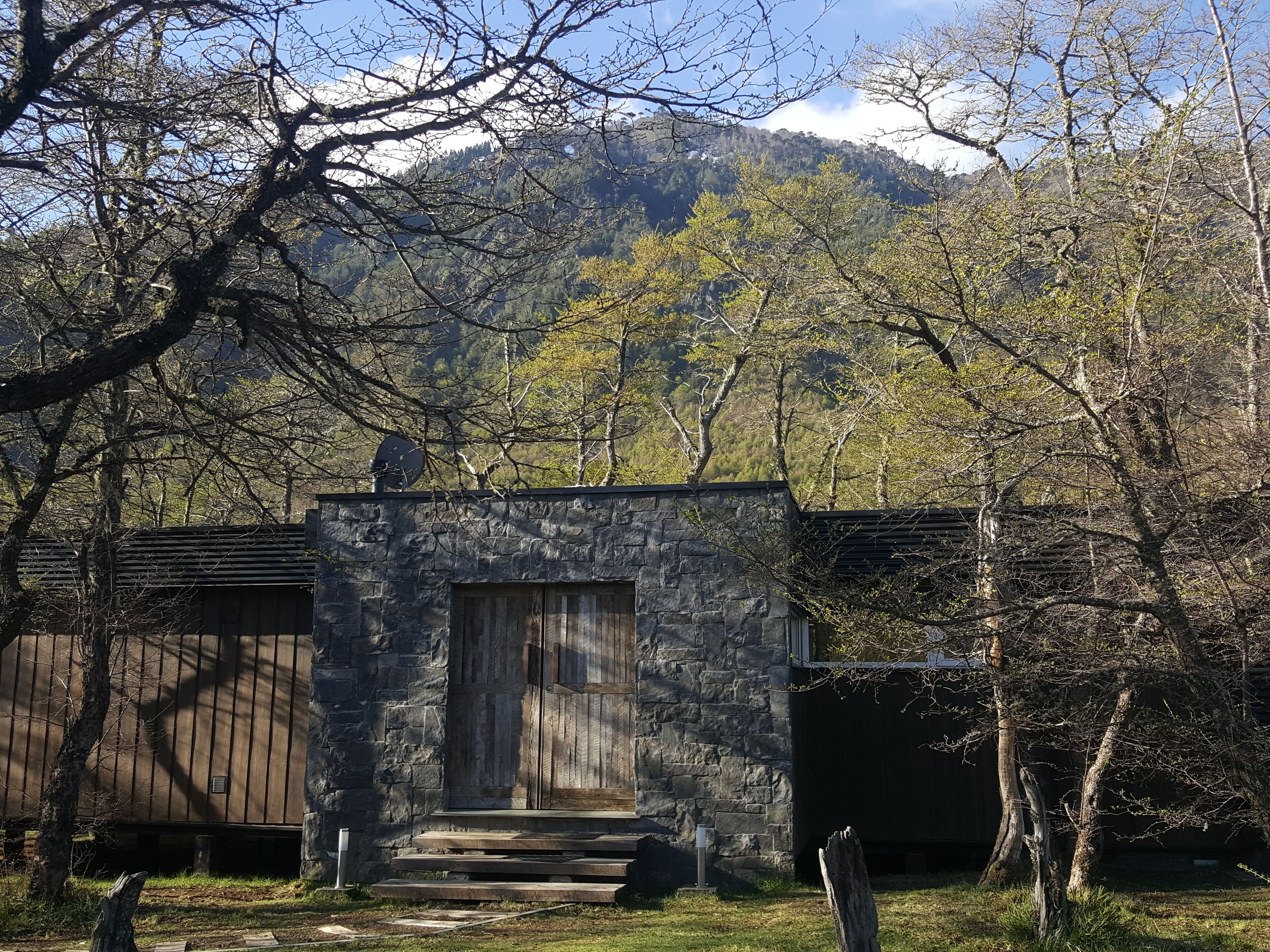 A rustic cabin with a stone facade, wooden door, and steps leading to a porch.