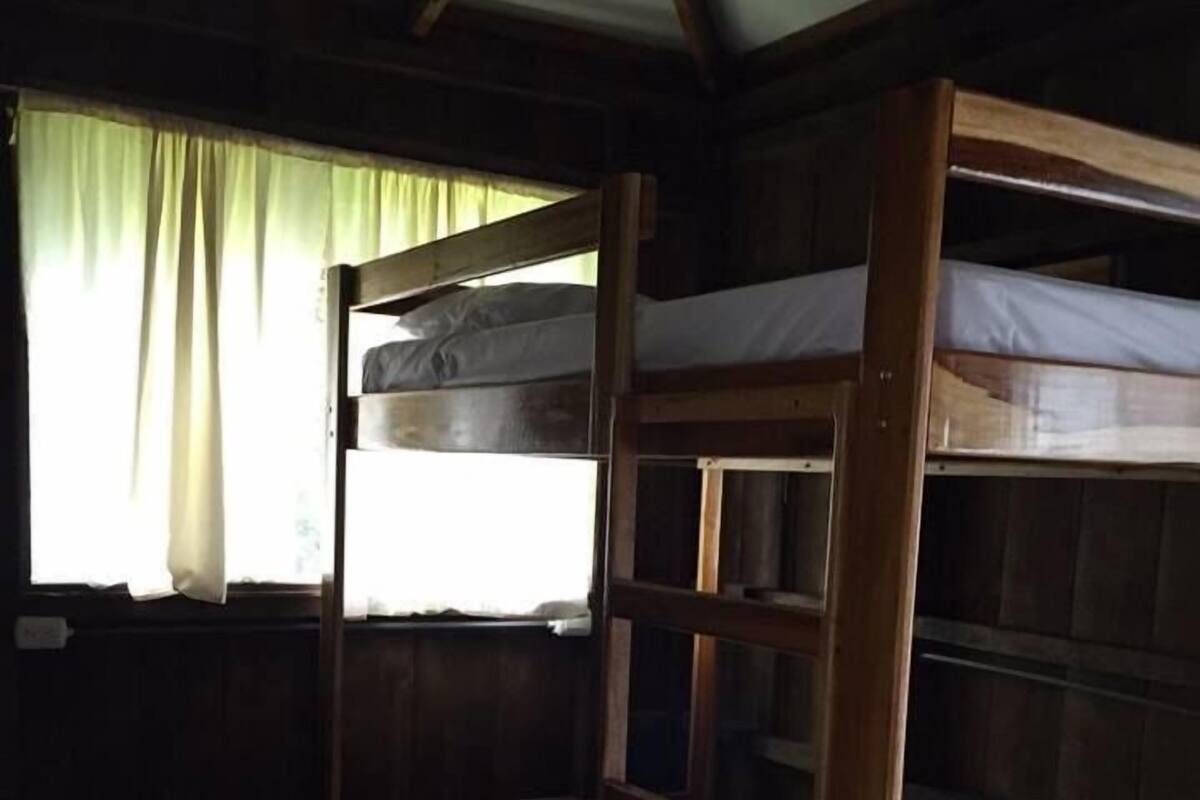 A bunk bed room with wooden walls and a window with curtains.