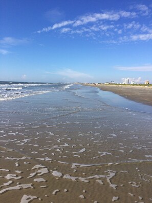 On the beach, sun-loungers, beach towels