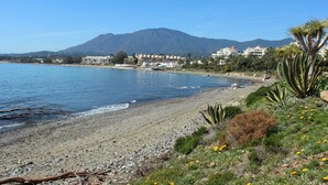 A coastal beach with a mountain in the background, a rocky shoreline, and some vegetation.