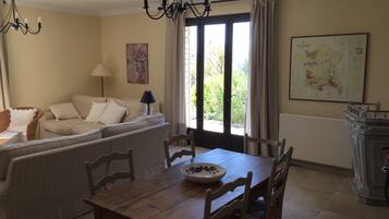 TV connectée, cheminée, lecteur de DVD, livres