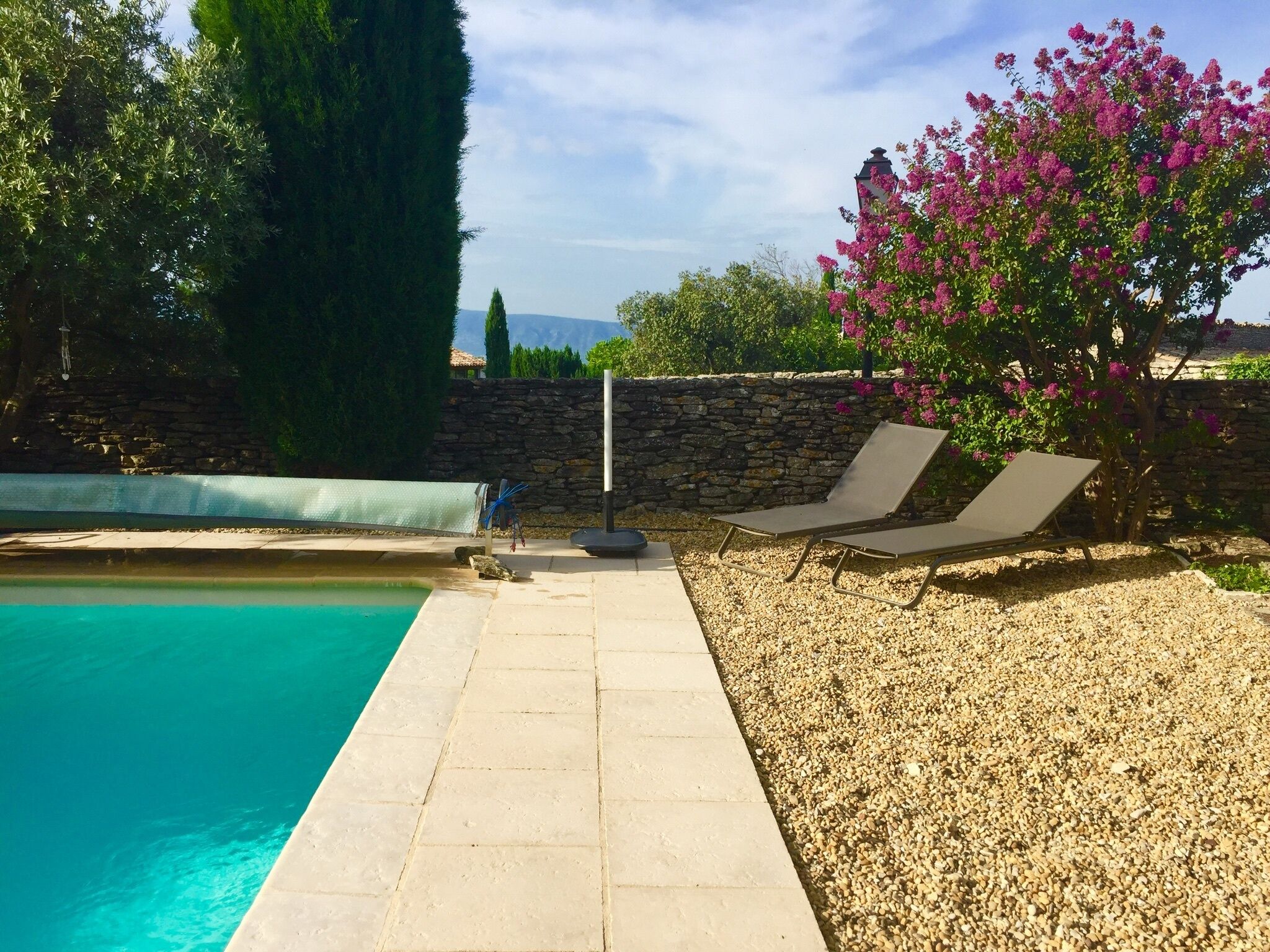 Un espace aménagé au bord de la piscine, avec un mur en pierre, deux chaises longues et une pergola ornée de fleurs roses.
