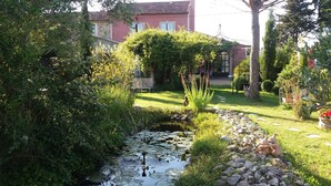 A garden with a pond, rocks, and a house in the background. - Shed renovated with charm, swimming pool and bucolic garden at the foot of the Luberon (Cheval-Blanc)