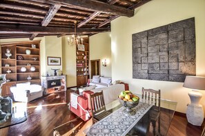 Smart TV, fireplace, books