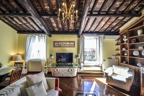 Smart TV, caminetto, libri