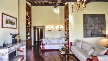 Smart TV, fireplace, books