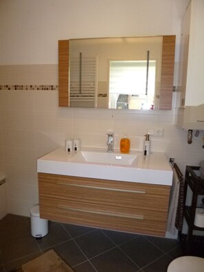 Une salle de bain moderne avec un grand lavabo, un meuble-lavabo en bois et un miroir au-dessus.