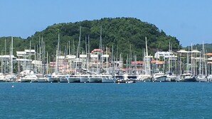A marina with numerous boats docked, a forested hill in the background, and buildings with red roofs. - CHARMING T3 with TERRACE and magnificent sea view (Le MARIN)