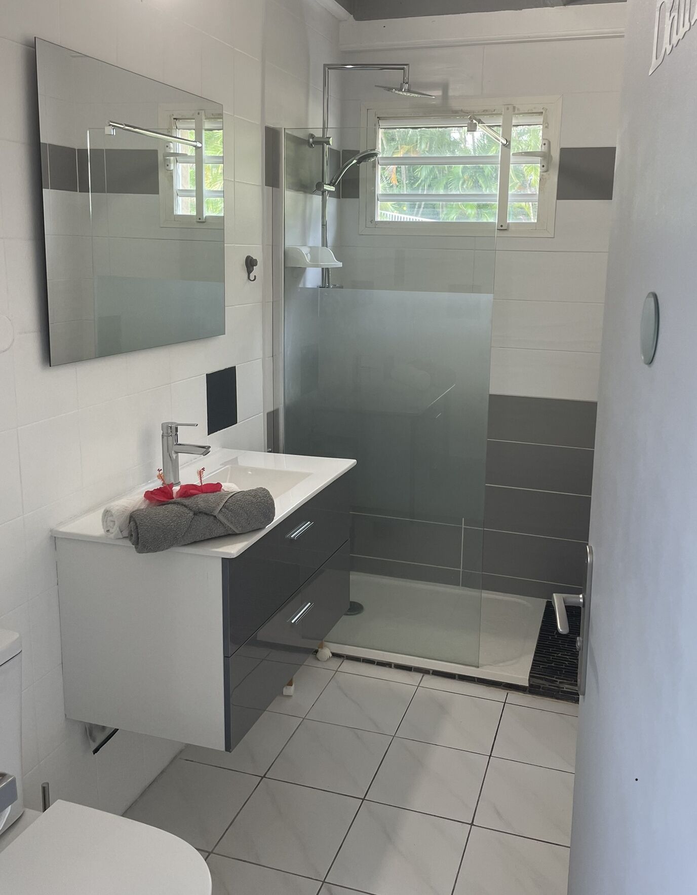 A modern bathroom with a glass-enclosed shower, a white sink, and a large mirror.
